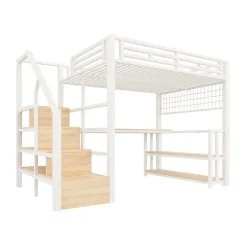 Lit mezzanine 140x200 cm avec LED - avec penderie et bureau - 2 ports USB + 1 port Type-C - blanc (matelas non inclus)