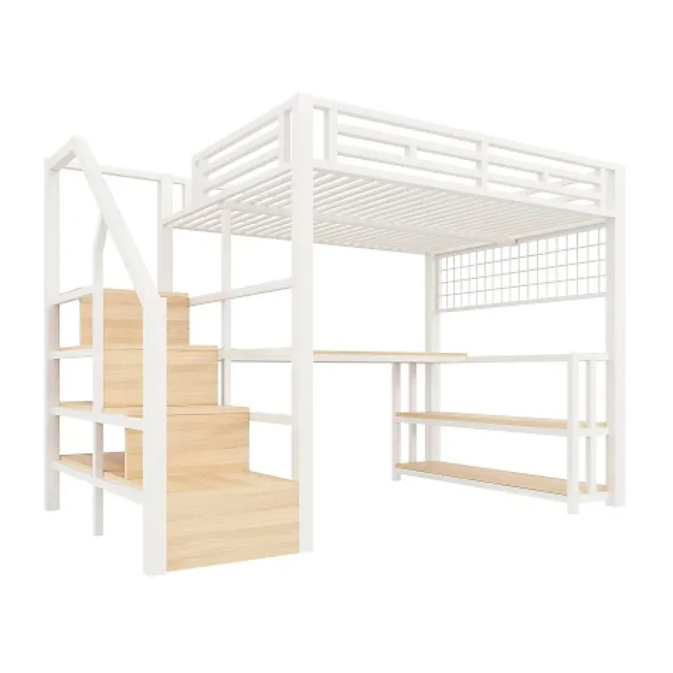 Lit mezzanine 140x200 cm avec LED - avec penderie et bureau - 2 ports USB + 1 port Type-C - blanc (matelas non inclus)