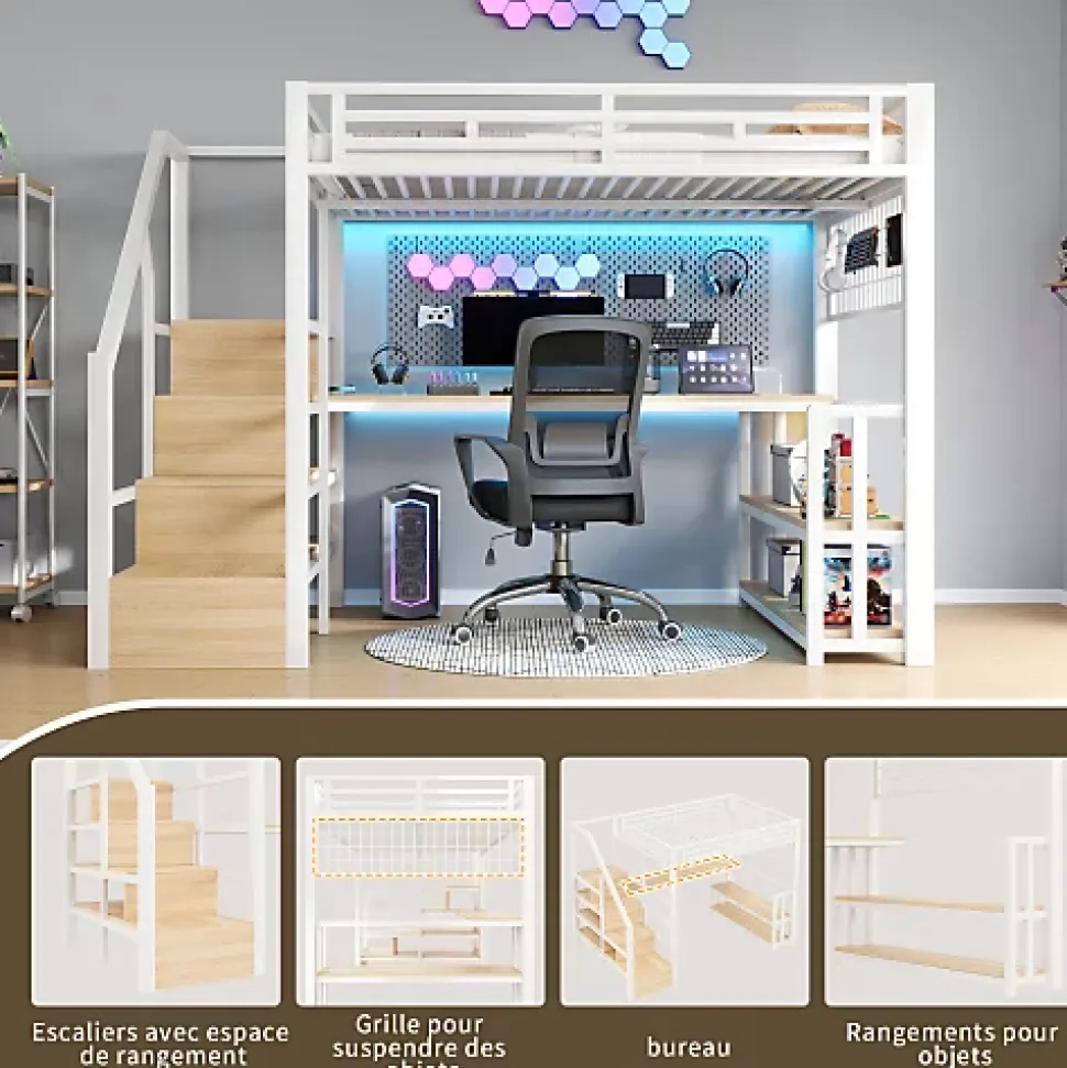 Lit mezzanine 140x200 cm avec LED - avec penderie et bureau - 2 ports USB + 1 port Type-C - blanc (matelas non inclus)