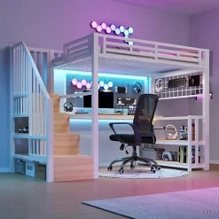 Lit mezzanine 90x200 cm avec LED - avec penderie et bureau - 2 ports USB + 1 port Type-C - blanc (matelas non inclus)