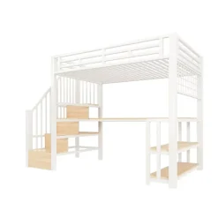 Lit mezzanine 90x200 cm avec LED - avec penderie et bureau - 2 ports USB + 1 port Type-C - blanc (matelas non inclus)