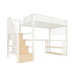 Lit mezzanine 90x200 cm avec LED - avec penderie et bureau - 2 ports USB + 1 port Type-C - blanc (matelas non inclus)