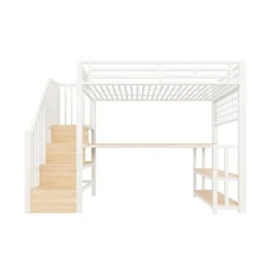 Lit mezzanine 90x200 cm avec LED - avec penderie et bureau - 2 ports USB + 1 port Type-C - blanc (matelas non inclus)