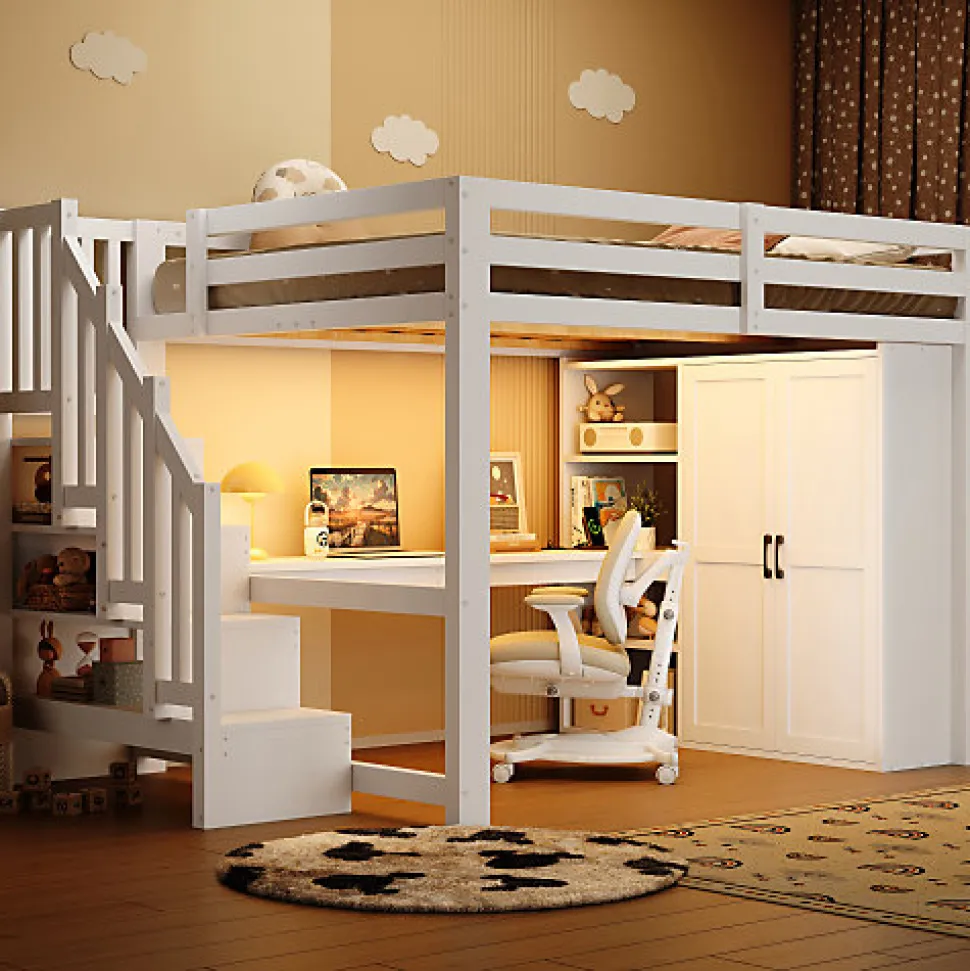 Lit mezzanine 140x200 cm avec LED - avec bureau et armoire - échelle de rangement - port USB - blanc (sans matelas)