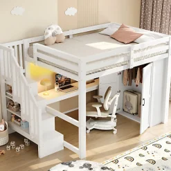 Lit mezzanine 140x200 cm avec LED - avec bureau et armoire - échelle de rangement - port USB - blanc (sans matelas)
