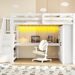 Lit mezzanine 140x200 cm avec LED - avec bureau et armoire - échelle de rangement - port USB - blanc (sans matelas)