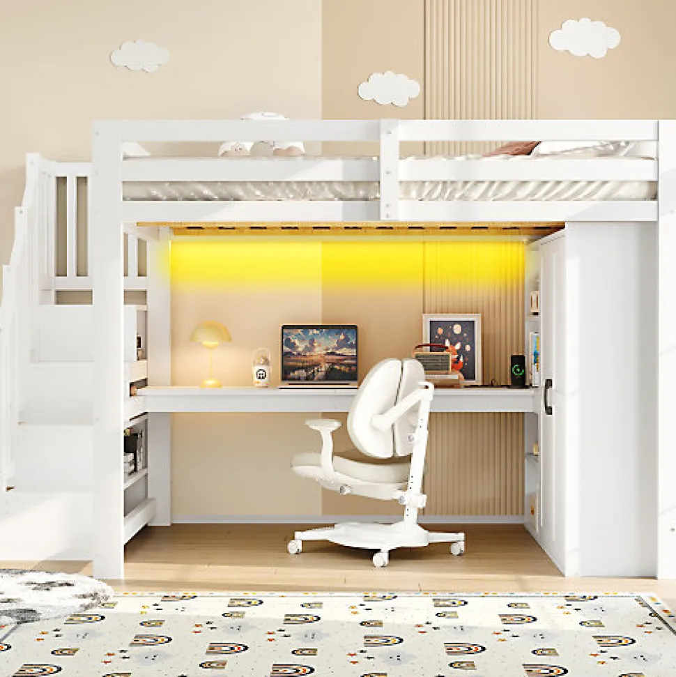 Lit mezzanine 140x200 cm avec LED - avec bureau et armoire - échelle de rangement - port USB - blanc (sans matelas)