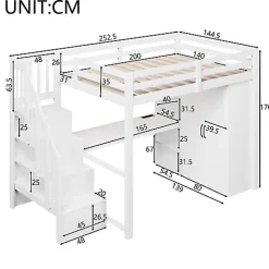 Lit mezzanine 140x200 cm avec LED - avec bureau et armoire - échelle de rangement - port USB - blanc (sans matelas)