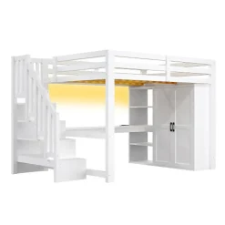 Lit mezzanine 140x200 cm avec LED - avec bureau et armoire - échelle de rangement - port USB - blanc (sans matelas)