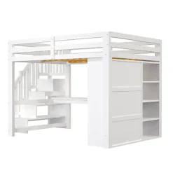 Lit mezzanine 140x200 cm avec LED - avec bureau et armoire - échelle de rangement - port USB - blanc (sans matelas)