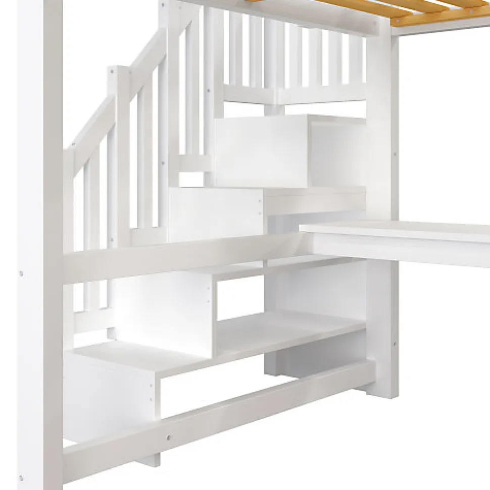 Lit mezzanine 140x200 cm avec LED - avec bureau et armoire - échelle de rangement - port USB - blanc (sans matelas)