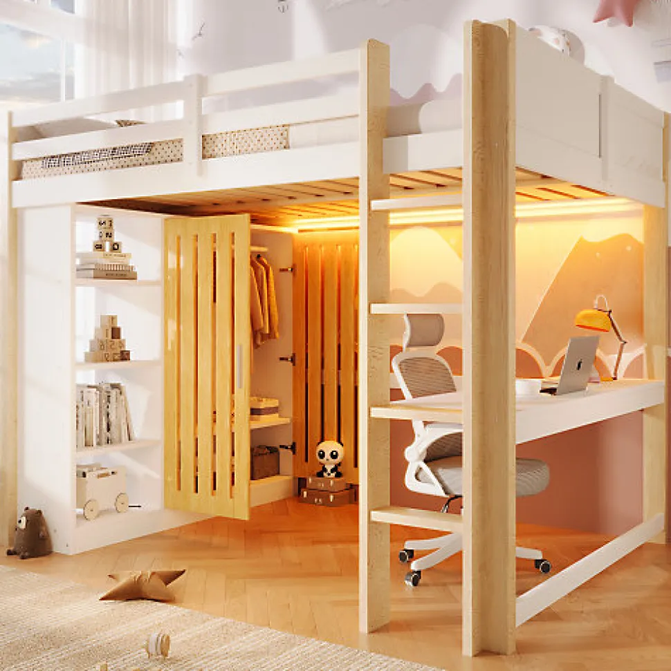 Lit mezzanine 140x200 cm avec LED - avec armoire - avec étagères et bureau - blanc + naturel (matelas non inclus)