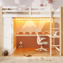 Lit mezzanine 140x200 cm avec LED - avec armoire - avec étagères et bureau - blanc + naturel (matelas non inclus)