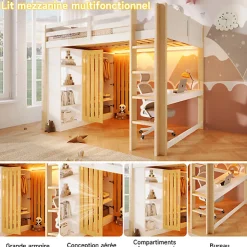 Lit mezzanine 140x200 cm avec LED - avec armoire - avec étagères et bureau - blanc + naturel (matelas non inclus)