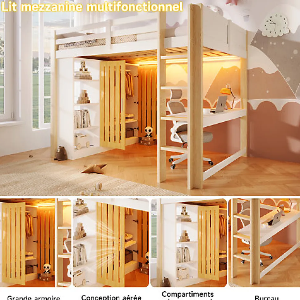 Lit mezzanine 140x200 cm avec LED - avec armoire - avec étagères et bureau - blanc + naturel (matelas non inclus)