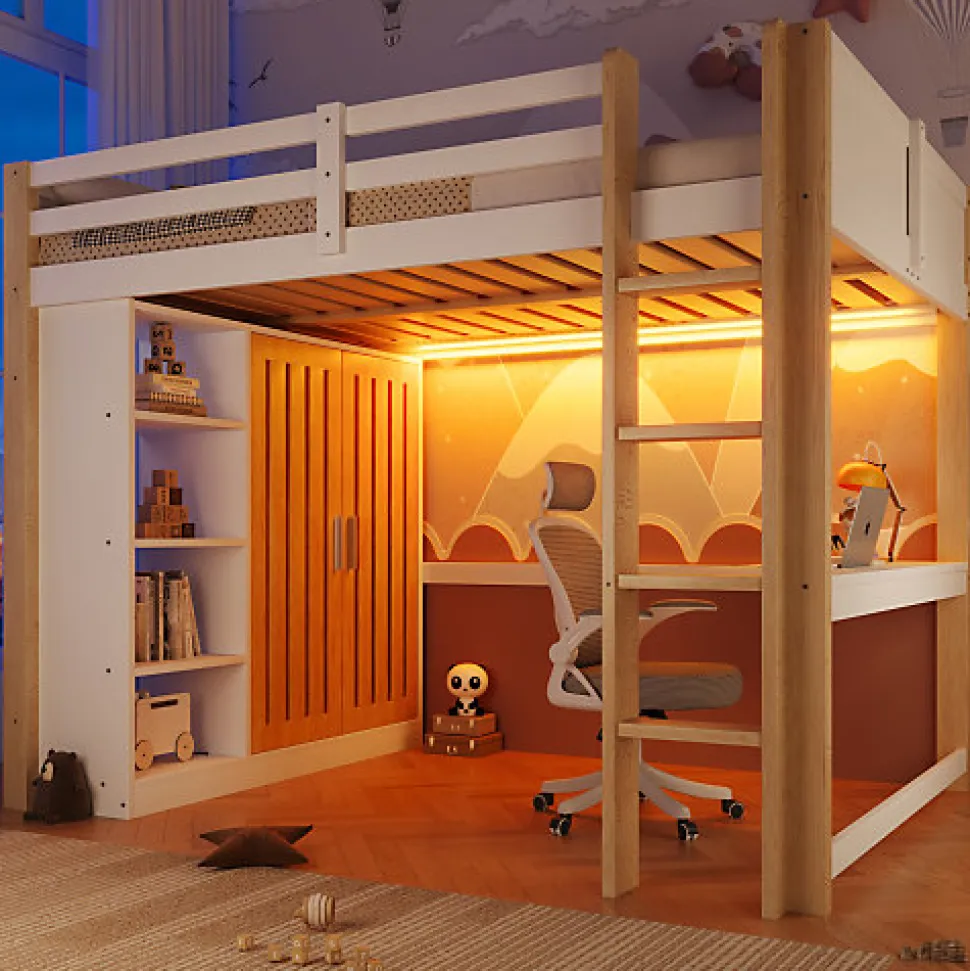 Lit mezzanine 140x200 cm avec LED - avec armoire - avec étagères et bureau - blanc + naturel (matelas non inclus)