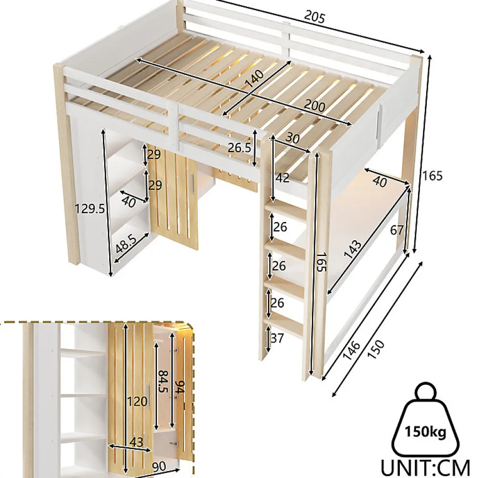 Lit mezzanine 140x200 cm avec LED - avec armoire - avec étagères et bureau - blanc + naturel (matelas non inclus)
