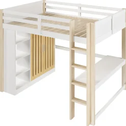 Lit mezzanine 140x200 cm avec LED - avec armoire - avec étagères et bureau - blanc + naturel (matelas non inclus)