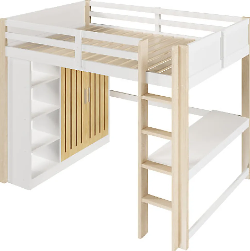 Lit mezzanine 140x200 cm avec LED - avec armoire - avec étagères et bureau - blanc + naturel (matelas non inclus)