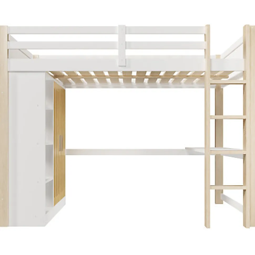 Lit mezzanine 140x200 cm avec LED - avec armoire - avec étagères et bureau - blanc + naturel (matelas non inclus)