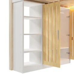 Lit mezzanine 140x200 cm avec LED - avec armoire - avec étagères et bureau - blanc + naturel (matelas non inclus)