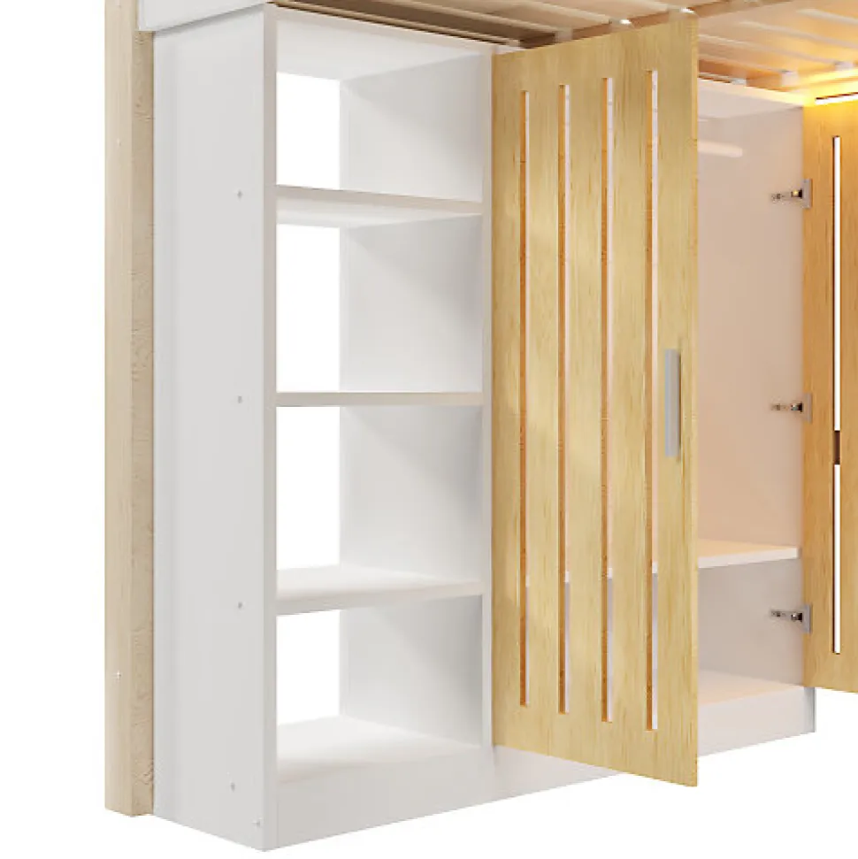 Lit mezzanine 140x200 cm avec LED - avec armoire - avec étagères et bureau - blanc + naturel (matelas non inclus)