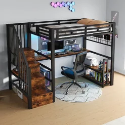 Lit mezzanine 90x200 cm avec LED - avec penderie et bureau - 2 ports USB + 1 port Type-C - noir (matelas non inclus)