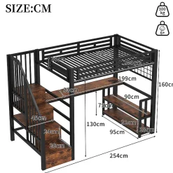 Lit mezzanine 90x200 cm avec LED - avec penderie et bureau - 2 ports USB + 1 port Type-C - noir (matelas non inclus)