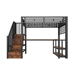 Lit mezzanine 90x200 cm avec LED - avec penderie et bureau - 2 ports USB + 1 port Type-C - noir (matelas non inclus)