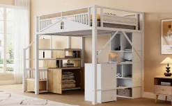 Lit mezzanine 140x200 cm avec rangement sous marches, garde-corps fenêtre et structure métal/bois