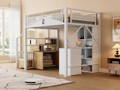 Lit mezzanine 140x200 cm avec rangement sous marches, garde-corps fenêtre et structure métal/bois