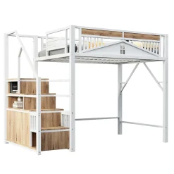 Lit mezzanine 140x200 cm avec rangement sous marches, garde-corps fenêtre et structure métal/bois