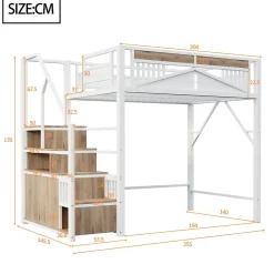 Lit mezzanine 140x200 cm avec rangement sous marches, garde-corps fenêtre et structure métal/bois