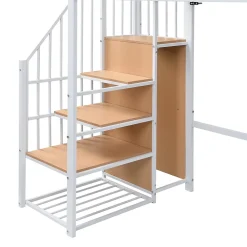 Lit mezzanine 90x200 cm avec étagère de rangement et roulettes - cintre et échelle - Métal+MDF - Blanc+Naturel(sans matelas)