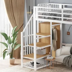 Lit mezzanine 90x200 cm avec étagère de rangement et roulettes - cintre et échelle - Métal+MDF - Blanc+Naturel(sans matelas)