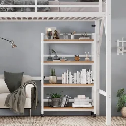 Lit mezzanine 90x200 cm avec étagère de rangement et roulettes - cintre et échelle - Métal+MDF - Blanc+Naturel(sans matelas)