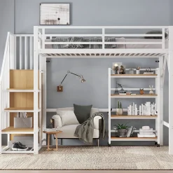 Lit mezzanine 90x200 cm avec étagère de rangement et roulettes - cintre et échelle - Métal+MDF - Blanc+Naturel(sans matelas)