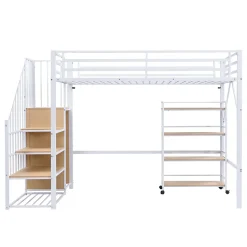 Lit mezzanine 90x200 cm avec étagère de rangement et roulettes - cintre et échelle - Métal+MDF - Blanc+Naturel(sans matelas)
