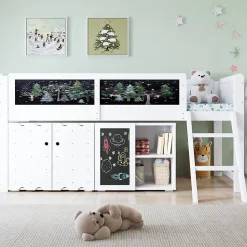 Lit mezzanine 90x200 cm avec tableau noir - avec 3 portes et une échelle - bois massif+MDF - Blanc(sans matelas)