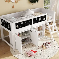 Lit mezzanine 90x200 cm avec tableau noir - avec 3 portes et une échelle - bois massif+MDF - Blanc(sans matelas)