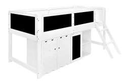 Lit mezzanine 90x200 cm avec tableau noir - avec 3 portes et une échelle - bois massif+MDF - Blanc(sans matelas)