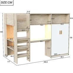 Lit mezzanine 90x200 cm avec un bureau et une armoire - avec des étagères - avec LED - naturel (matelas non inclus)