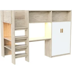 Lit mezzanine 90x200 cm avec un bureau et une armoire - avec des étagères - avec LED - naturel (matelas non inclus)
