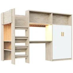 Lit mezzanine 90x200 cm avec un bureau et une armoire - avec des étagères - avec LED - naturel (matelas non inclus)