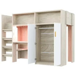 Lit mezzanine 90x200 cm avec un bureau et une armoire - avec des étagères - avec LED - naturel (matelas non inclus)