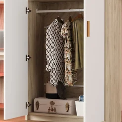 Lit mezzanine 90x200 cm avec un bureau et une armoire - avec des étagères - avec LED - naturel (matelas non inclus)