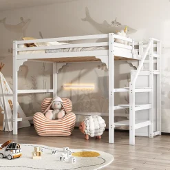 Lit mezzanine 140x200 cm blanc avec sommier, echelle, armoire et rangement integre pour chambre d adolescent