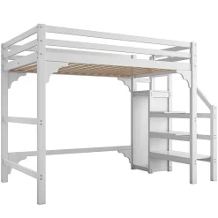 Lit mezzanine 140x200 cm blanc avec sommier, echelle, armoire et rangement integre pour chambre d adolescent