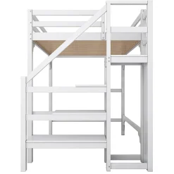 Lit mezzanine 140x200 cm blanc avec sommier, echelle, armoire et rangement integre pour chambre d adolescent