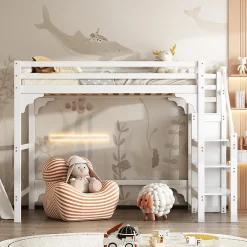 Lit mezzanine 140x200 cm blanc avec sommier, echelle, armoire et rangement integre pour chambre d adolescent